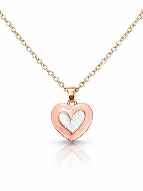 Gold-Tone Pink Heart Pendant Necklace with White Inlay